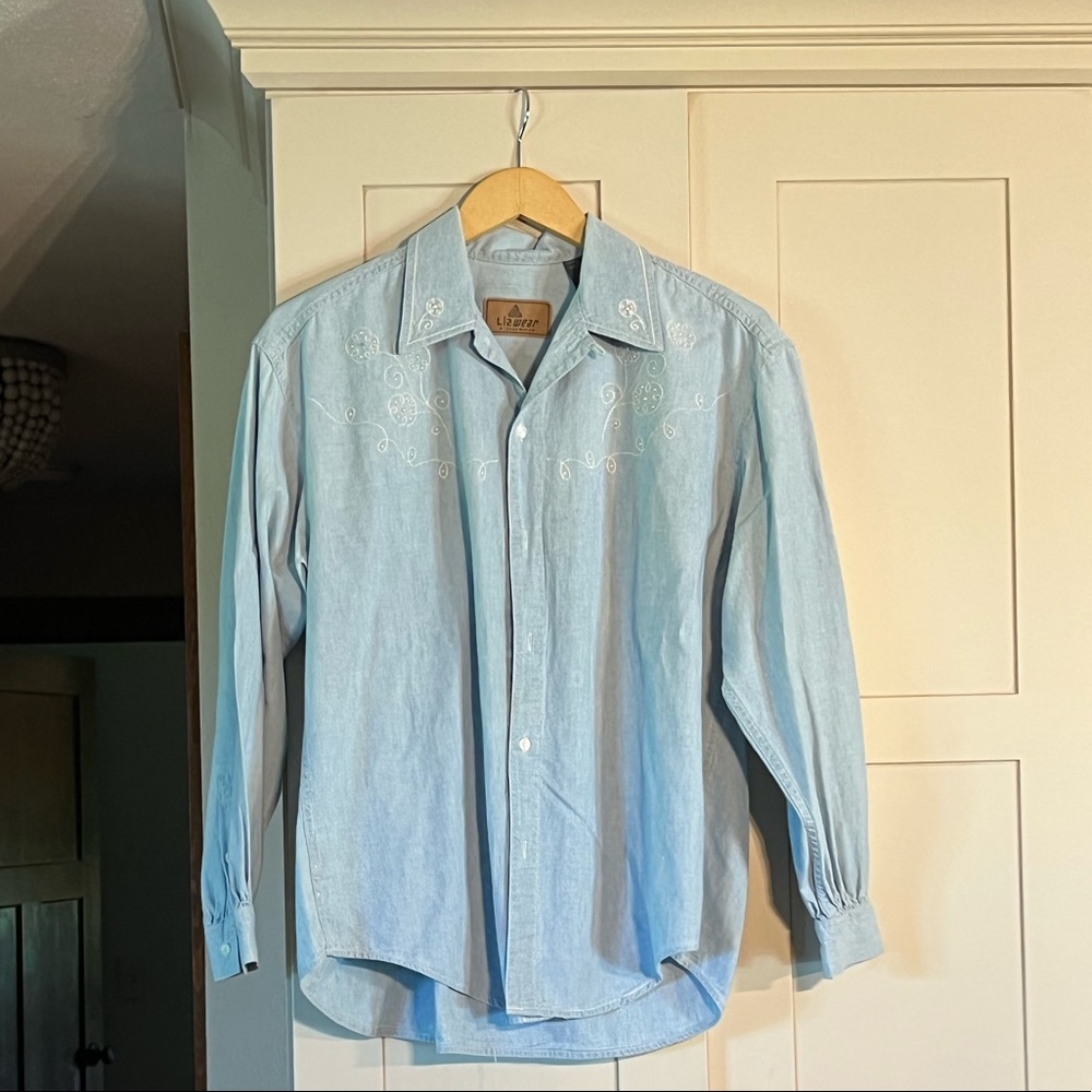 Vintage Liz wear chambray western shirt, embroidery pearl embellishment on front